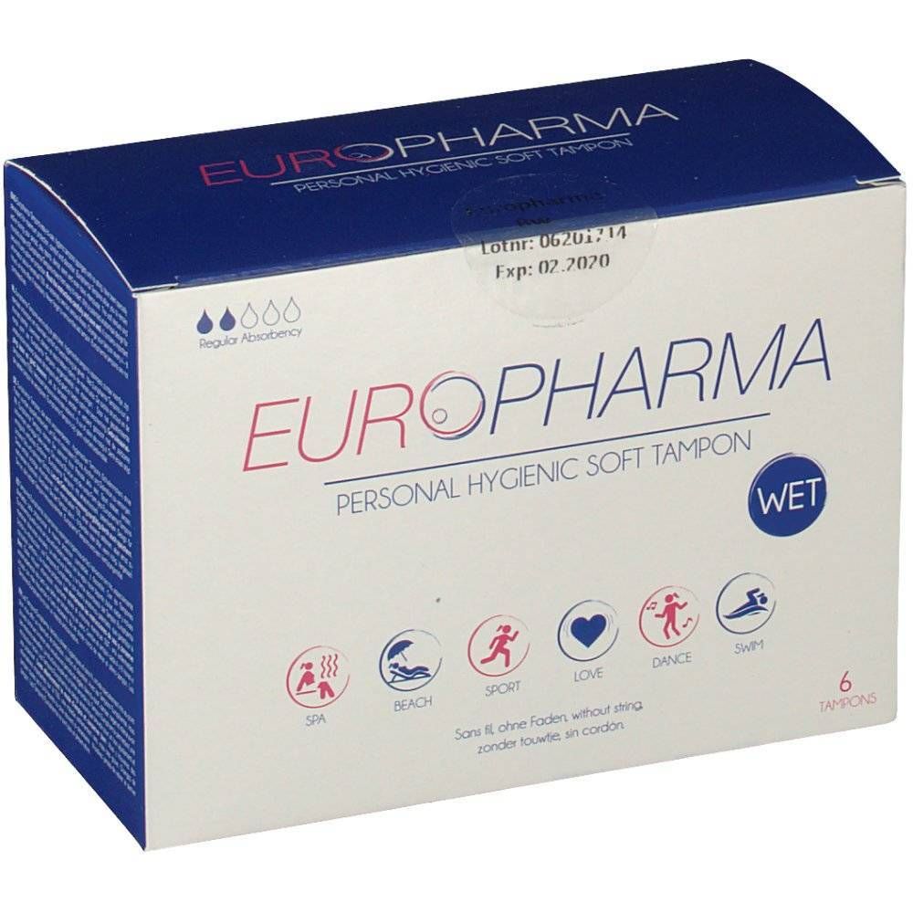 Verpackung von Europharma Tampons. Blaue und weiße Schachtel mit Produktnamen und Icons. 6 Tampons.