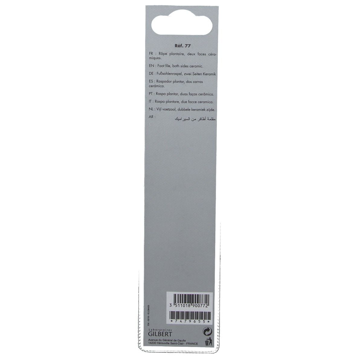 Graue Produktverpackung mit Text in mehreren Sprachen. Oben ein Loch zum Aufhängen. Unten Barcode und GILBERT-Logo.