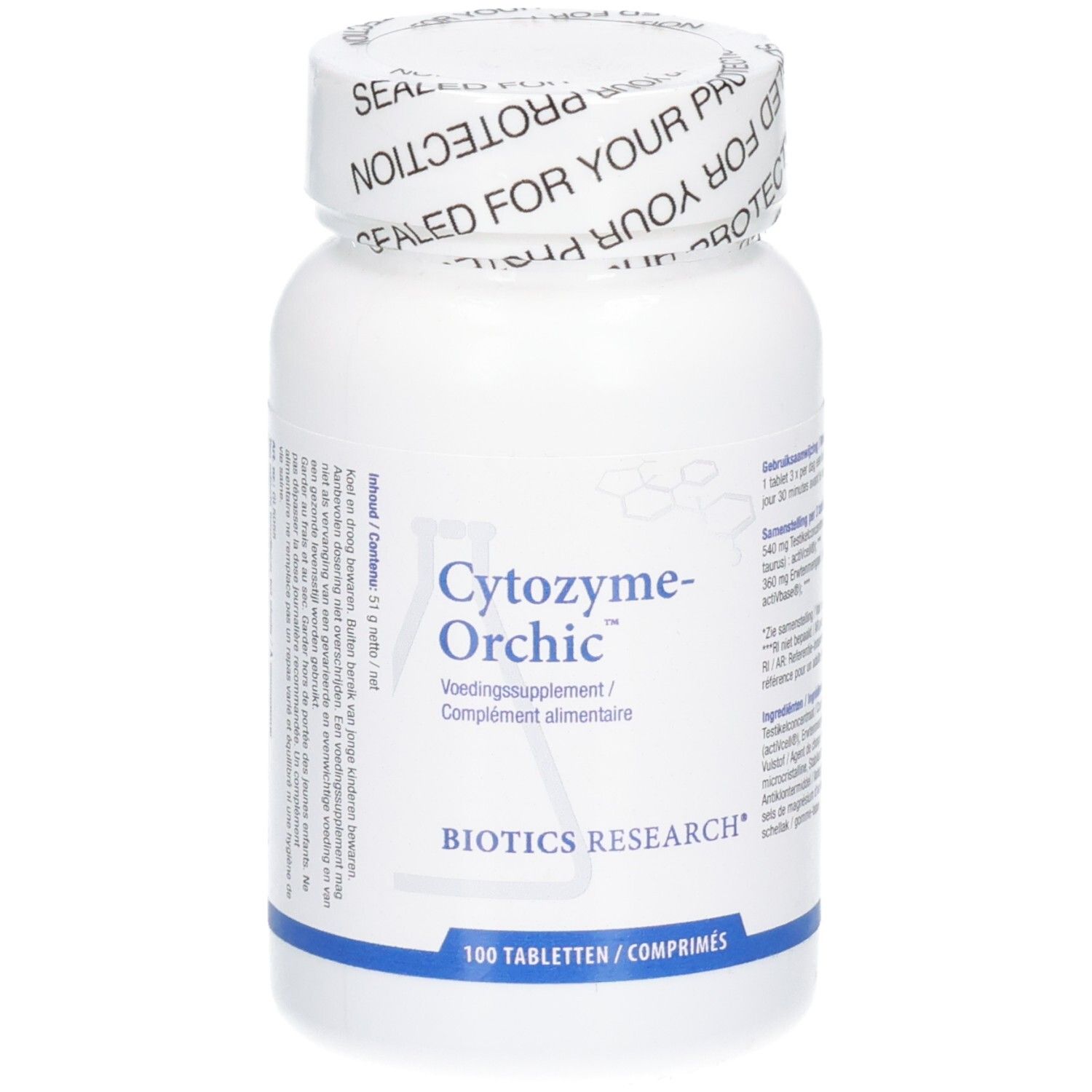 Weiße Flasche mit Cytozyme-Orchic-Etikett. Enthält 100 Tabletten. Biotics Research Logo.