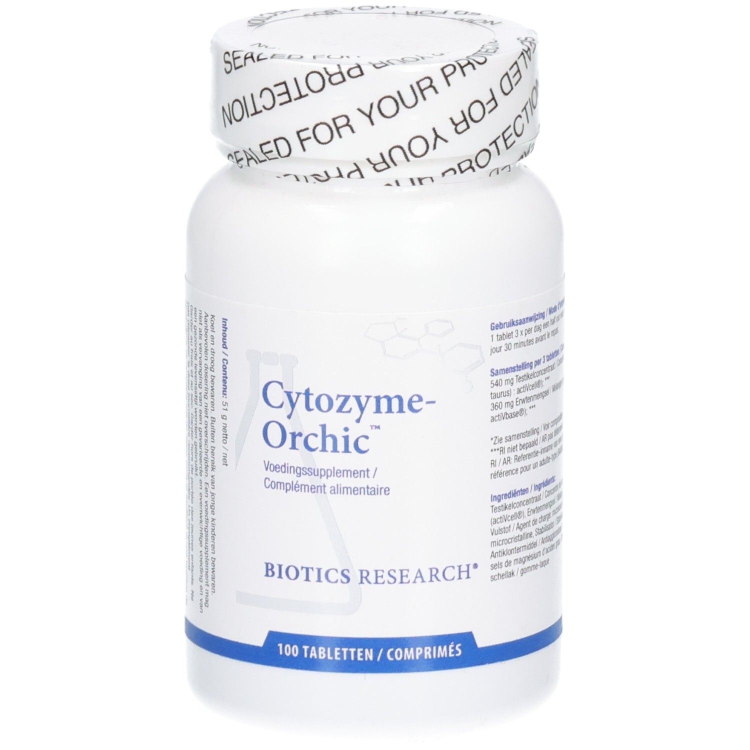 Weiße Flasche mit Cytozyme-Orchic-Etikett. Enthält 100 Tabletten. Biotics Research Logo.
