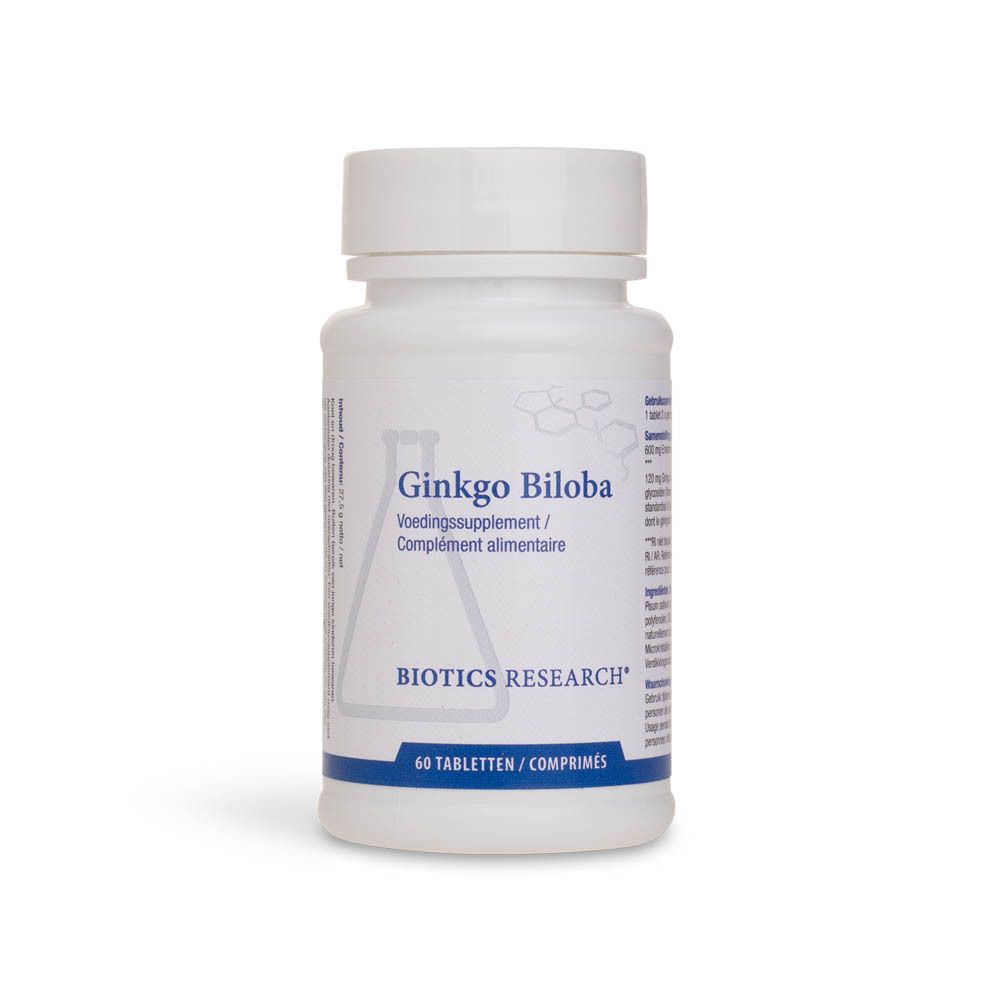 Weiße Flasche mit Ginkgo Biloba. Aufschrift: BIOTICS RESEARCH, 60 Tabletten. Text in Deutsch.