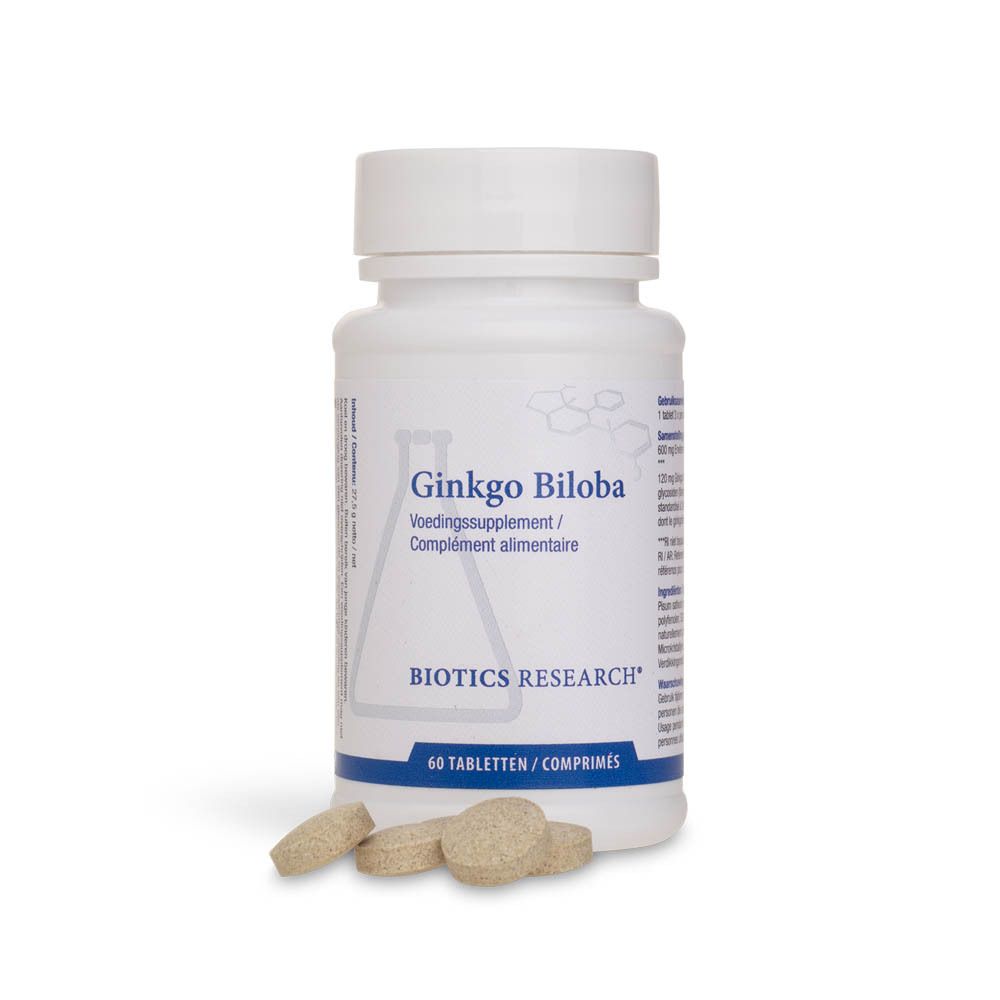 Weiße Flasche mit Ginkgo Biloba. Aufschrift: BIOTICS RESEARCH, 60 Tabletten. Tabletten daneben.