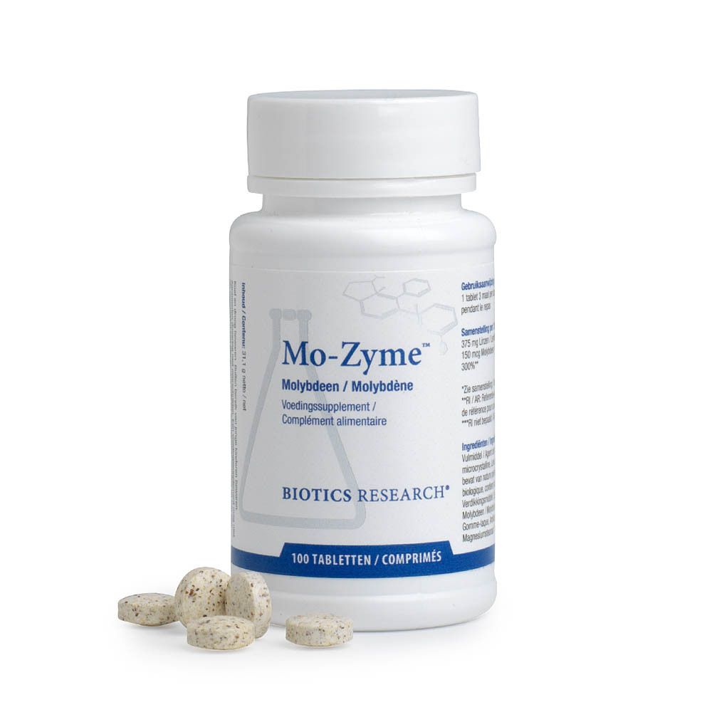 Weiße Flasche mit Mo-Zyme-Tabletten. Aufschrift: BIOTICS RESEARCH, Mo-Zyme, 100 Tabletten. Siegel auf dem Deckel.