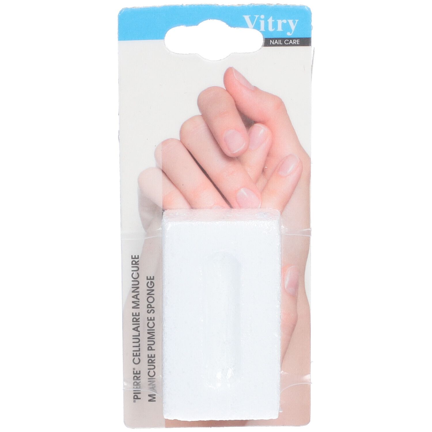 Vitry Cellular Stone Maniküre-Pediküre, weißer Bimsstein, in Verpackung. Hand im Hintergrund.