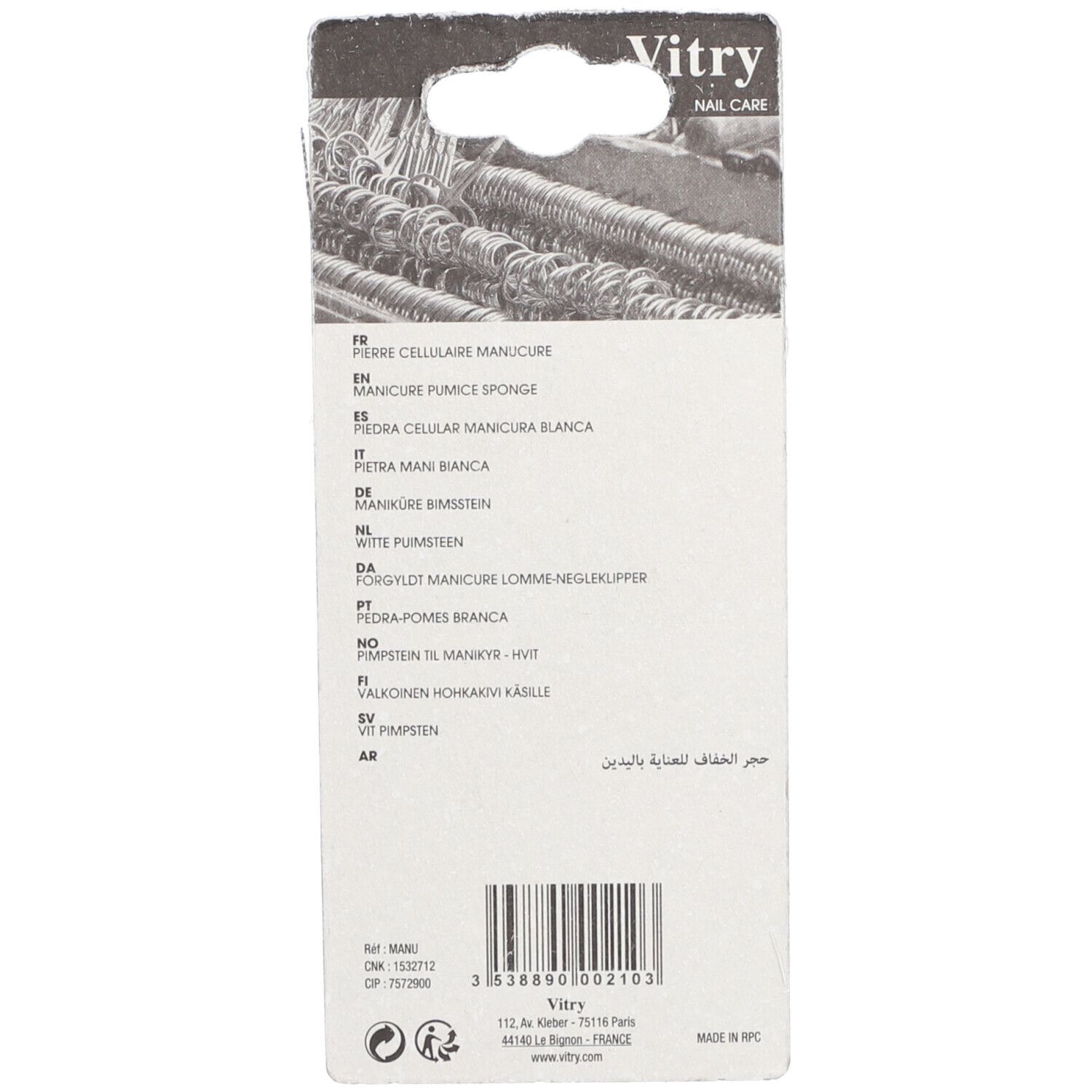 Rückseite der Verpackung. Text: Vitry, Maniküre Bimsstein. Barcode und Produktinformationen.