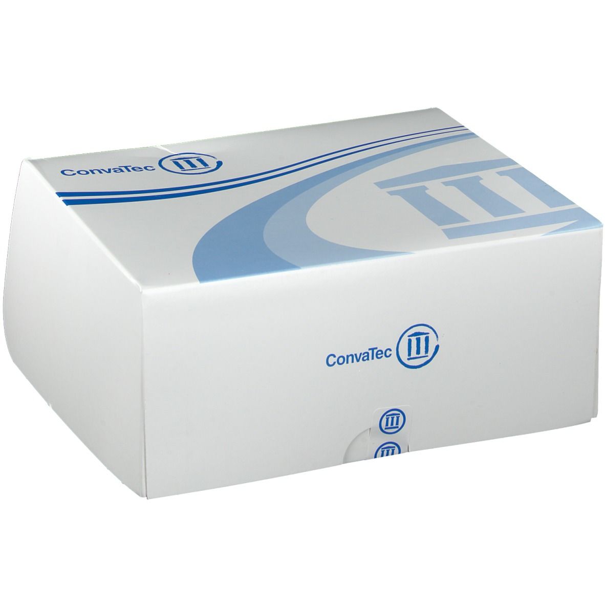 Weiße Verpackung mit blauem Logo und Schriftzug Convatec. Rechteckige Form mit abgerundeten Kanten.