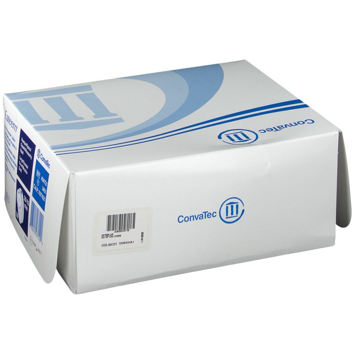 Weiße Verpackung mit blauem Logo und Schriftzug Convatec. Barcode-Etikett auf der Seite.