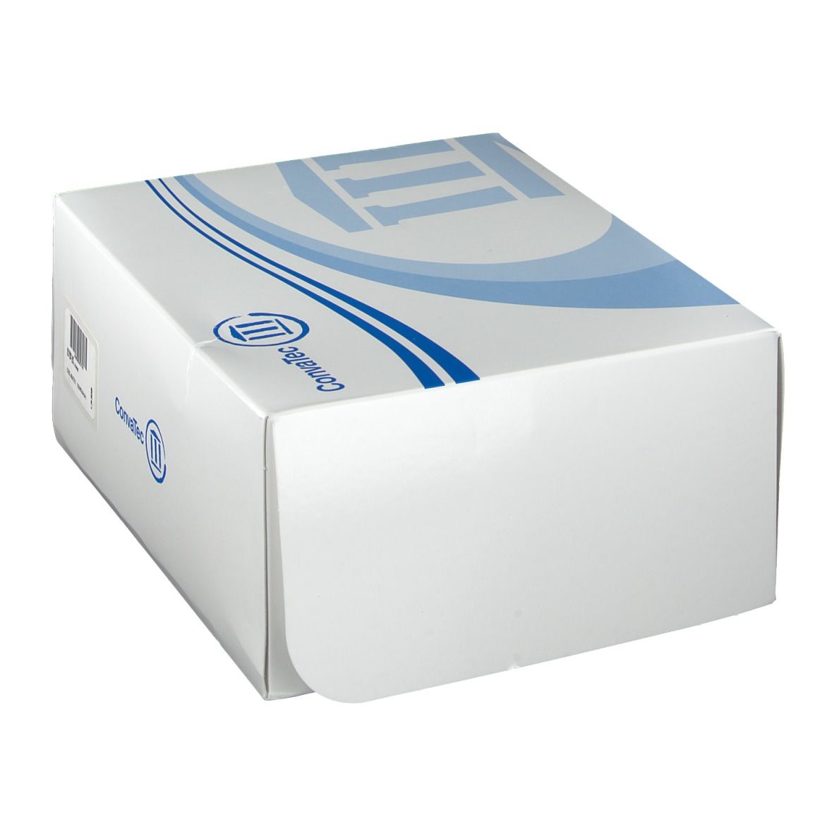 Weiße Verpackung mit blauem Logo Convatec. Rechteckige Form mit abgerundeten Kanten. Teilweise geöffnet.