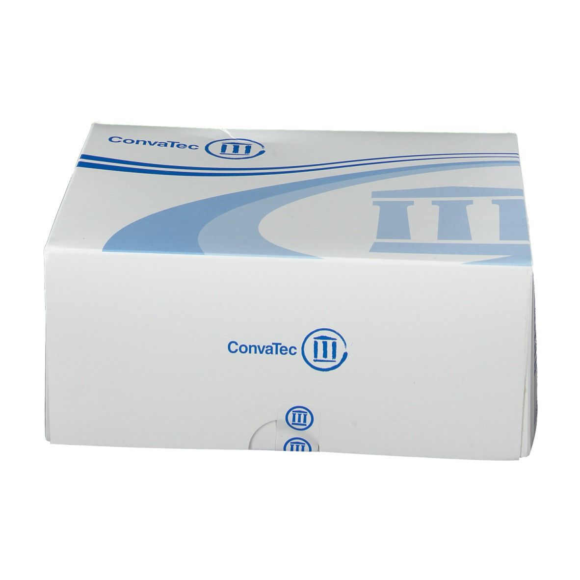 Weiße Verpackung mit blauem Logo und Schriftzug Convatec. Rechteckige Form mit abgerundeten Kanten.
