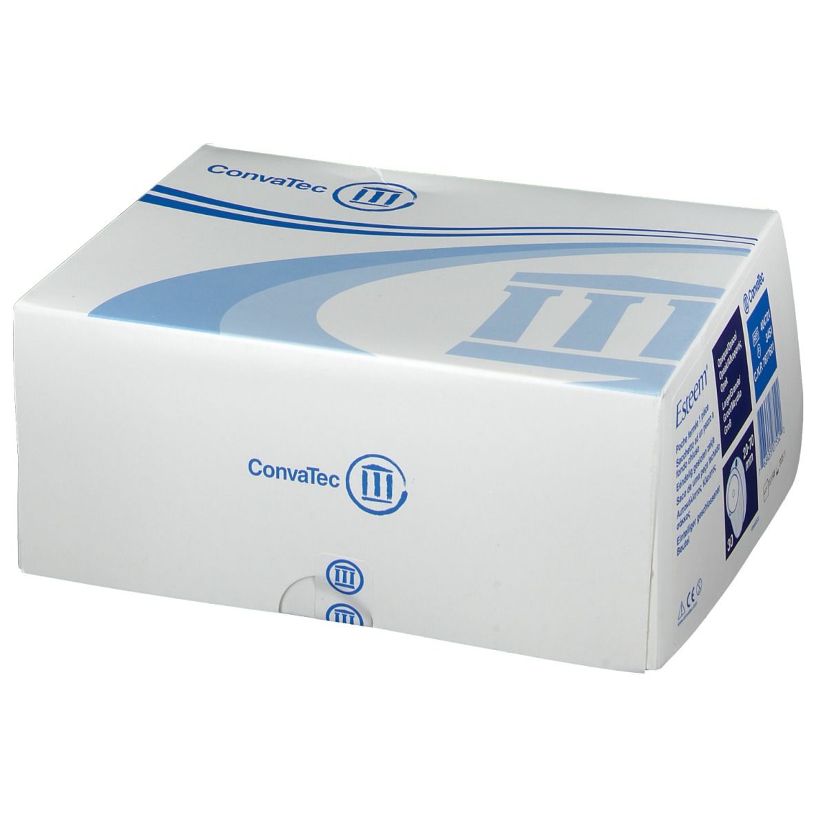 Weiße Verpackung mit blauem Logo und Schriftzug Convatec. Produktinformationen auf der Seite.