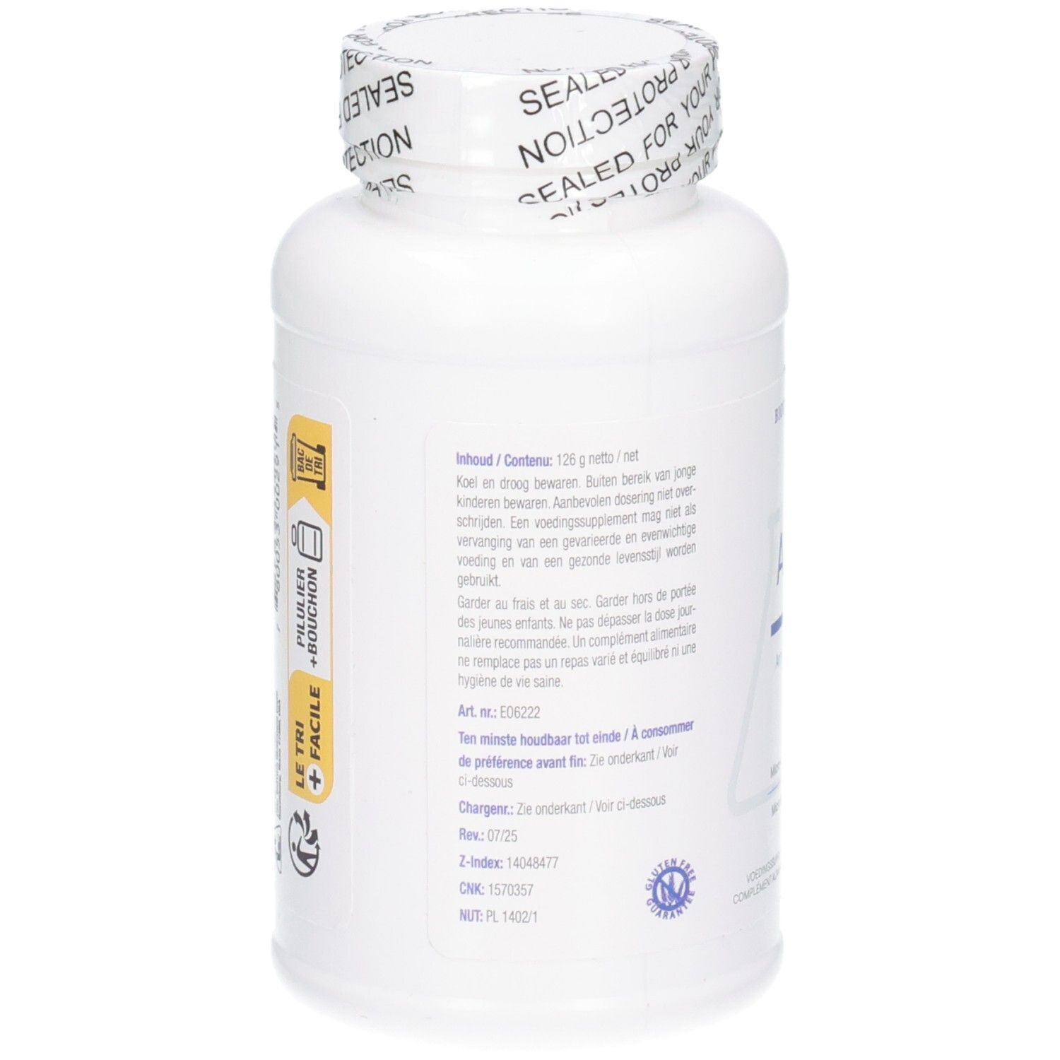 Rückseite einer weißen Flasche mit A.D.P.® Produktinformationen und 120 Tabletten.