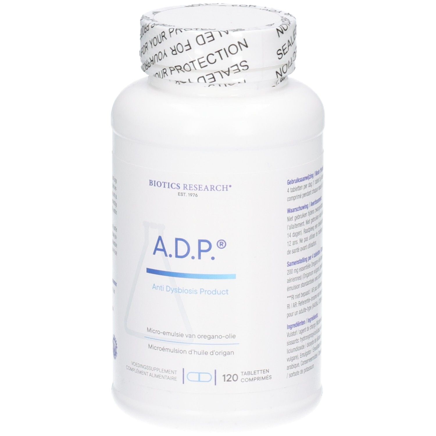 Weiße Flasche mit A.D.P.® Anti Dysbiosis Product, 120 Tabletten, und Produktinformationen.