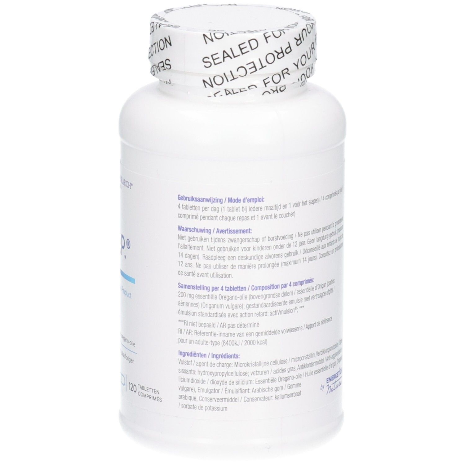 Rückseite einer weißen Flasche mit A.D.P.® Produktinformationen, Inhaltsstoffen und Dosierung.