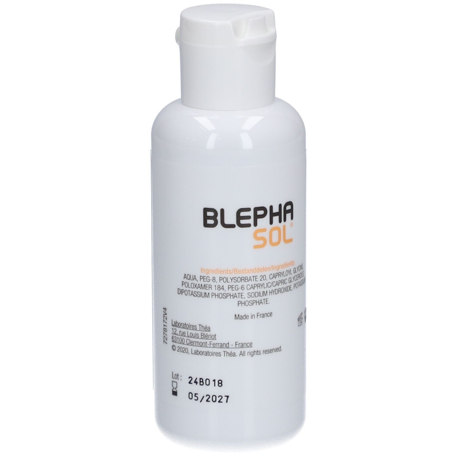 Weiße Flasche mit weißem Deckel. Aufschrift: BLEPHASOL. Enthält Inhaltsstoffe. Chargennummer und Verfallsdatum. Hergestellt in Frankreich.