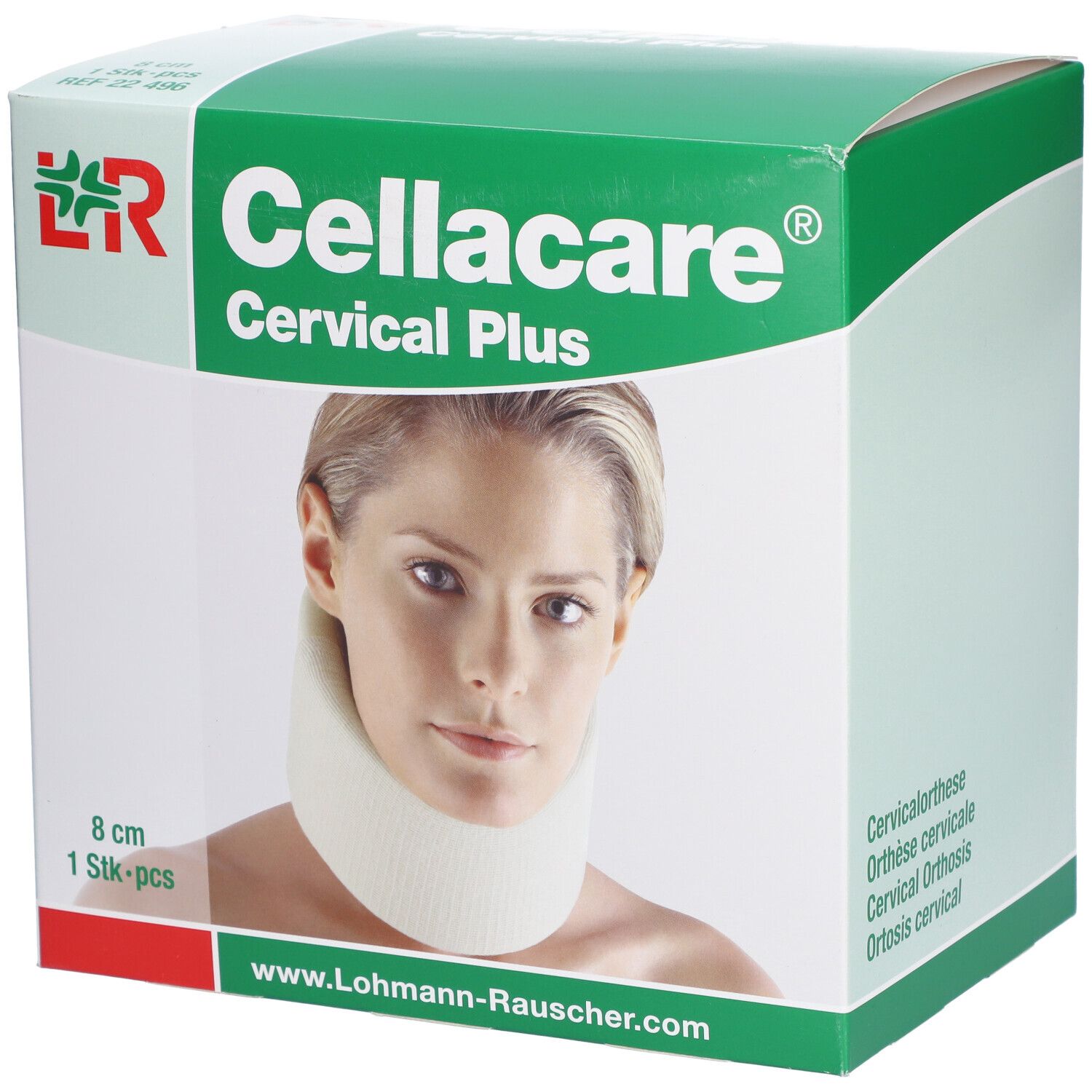 Verpackung von Cellacare Cervical Plus. Aufdruck: Produktname, Frau mit Halskrause. Maße: 8 cm, 1 Stück.