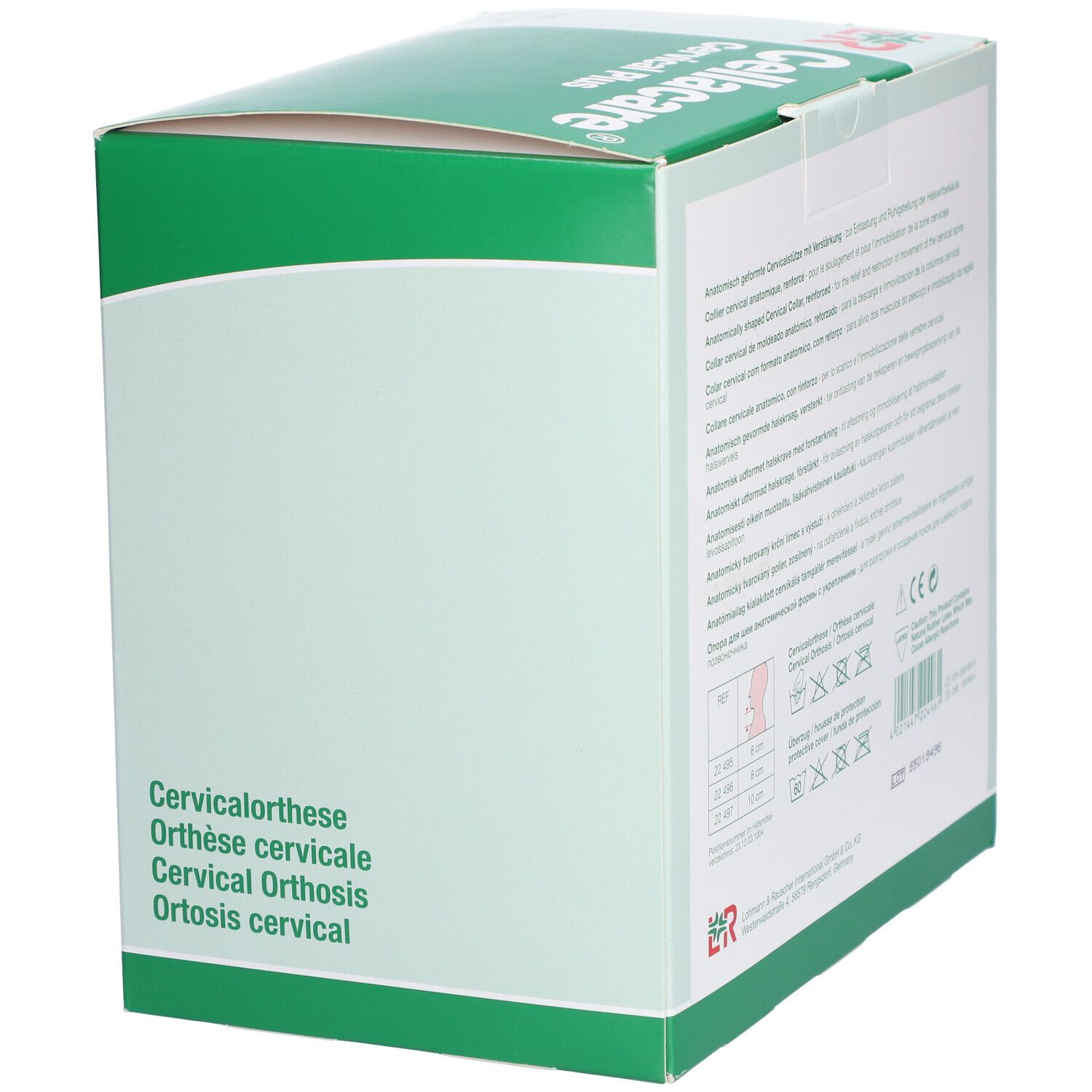 Seite der Cellacare Cervical Plus Verpackung. Mehrsprachige Produktbezeichnungen: Cervicalorthese, etc.