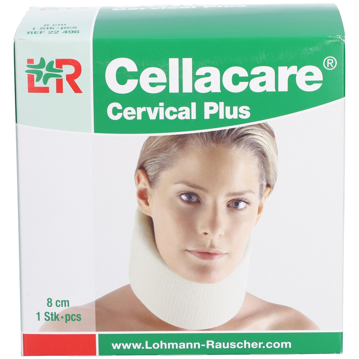 Cellacare Cervical Plus Verpackung. Produktname, Frau mit Halskrause. Maße: 8 cm, 1 Stück. Website-Adresse.