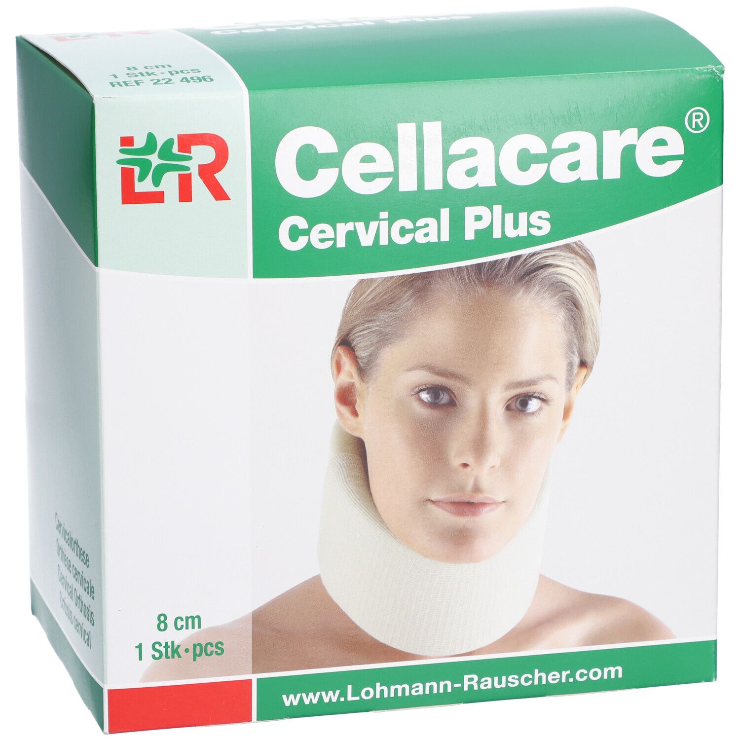 Cellacare Cervical Plus Verpackung. Produktname, Frau mit Halskrause. Maße: 8 cm, 1 Stück. Website-Adresse.