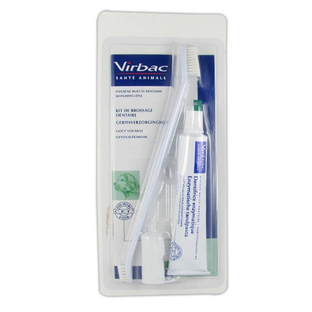 Zahnpflegeset für Hunde in Blisterverpackung. Enthält Zahnbürste, Zahnpasta und Applikator. Marke: Virbac.