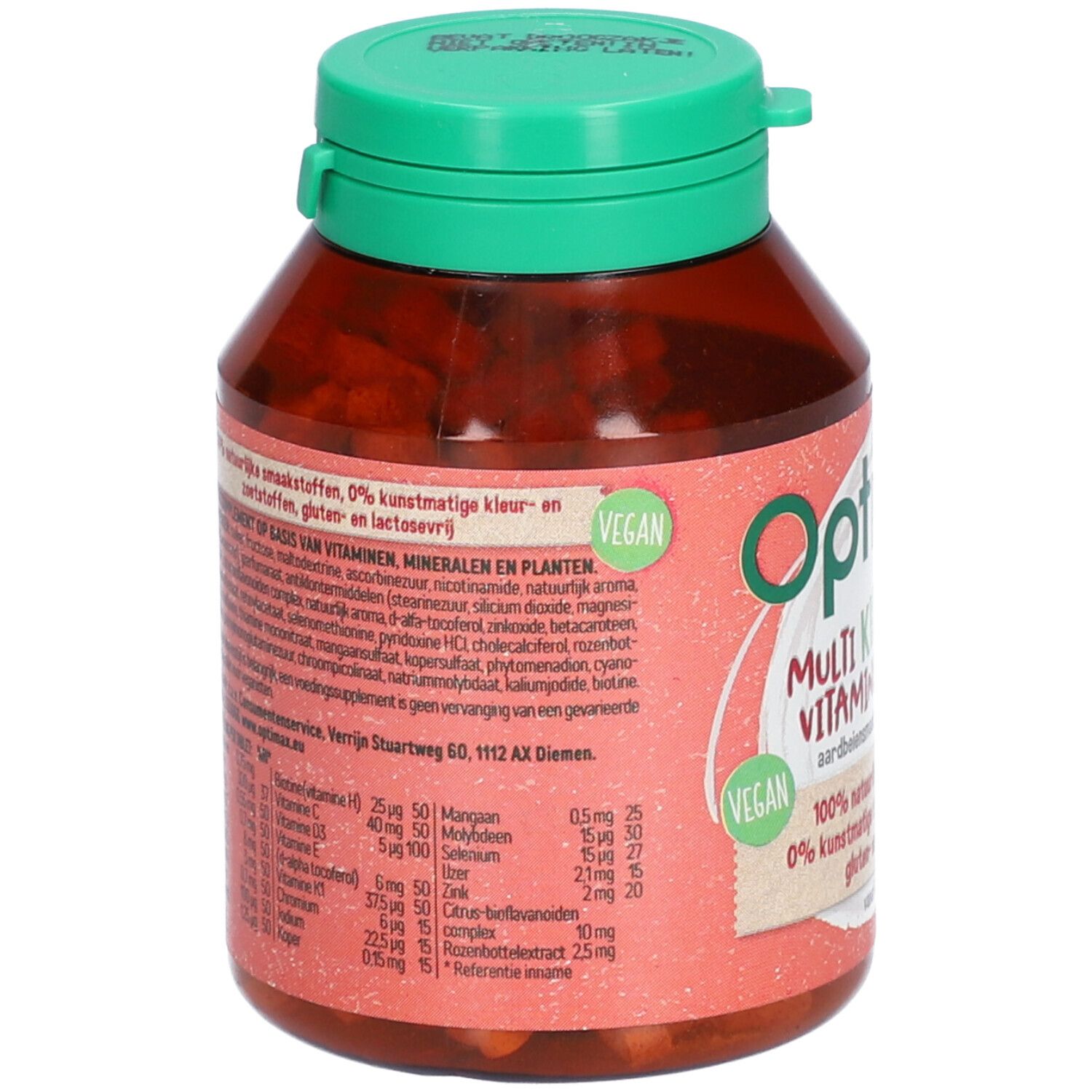 Braune Flasche mit grünem Deckel. Aufschrift: Optimax Multi Vitaminen. Vegan-Siegel. Detailansicht der Inhaltsstoffe und Nährwerte.