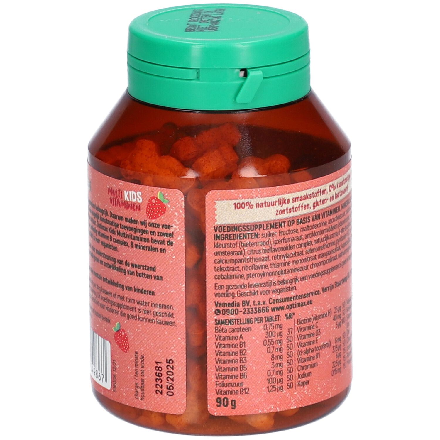 Braune Flasche mit grüner Kappe, gefüllt mit Tabletten. Aufschrift: Optimax Kids Vitaminen. Erdbeergeschmack. Vegan-Siegel. Inhaltsstoffe.