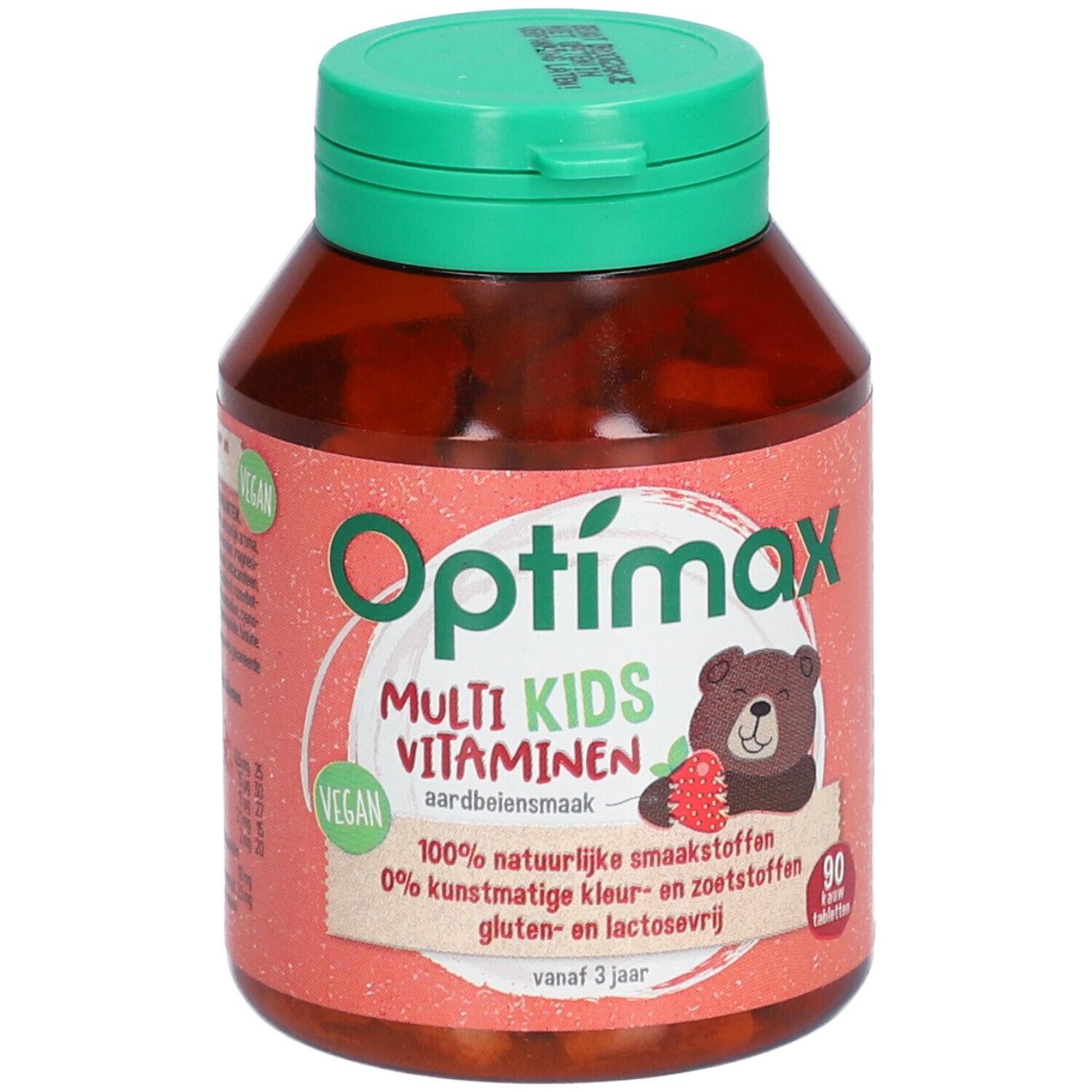 Braune Flasche mit grünem Deckel. Aufschrift: Optimax Multi Kids Vitaminen, Erdbeergeschmack. Abbildung eines Bären mit Erdbeere. Vegan-Siegel.