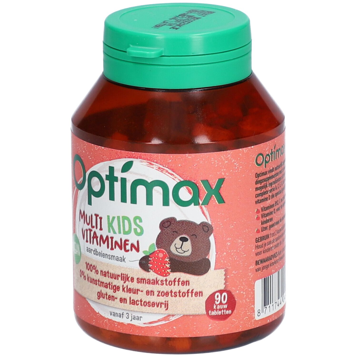 Braune Flasche mit grünem Deckel. Aufschrift: Optimax Multi Kids Vitaminen, Erdbeergeschmack. Abbildung eines Bären mit Erdbeere. 90 Tabletten.