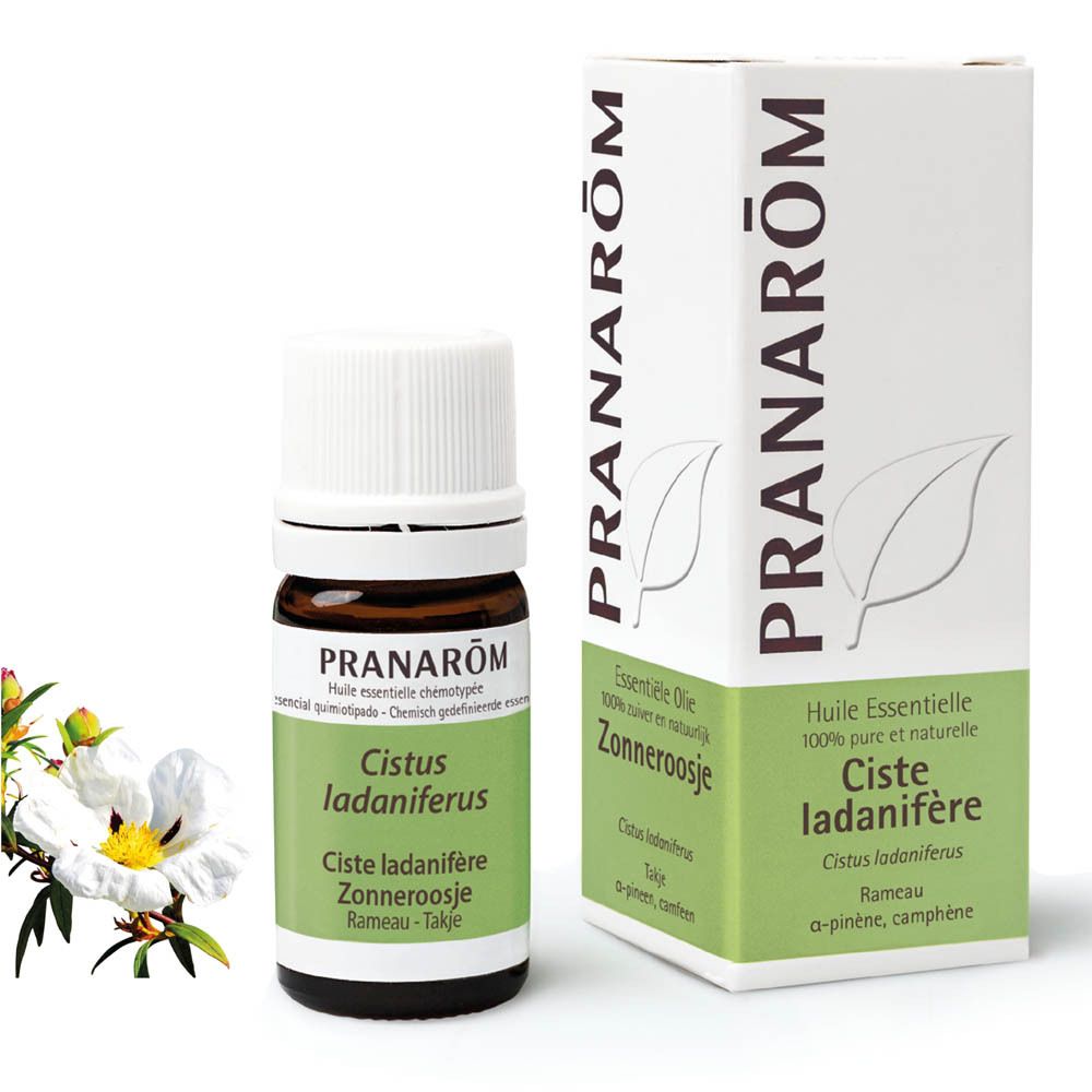 Braune Glasflasche und Schachtel. Schachtel und Flasche mit Produktnamen und Marke: PRANAROM. Weißer Deckel.