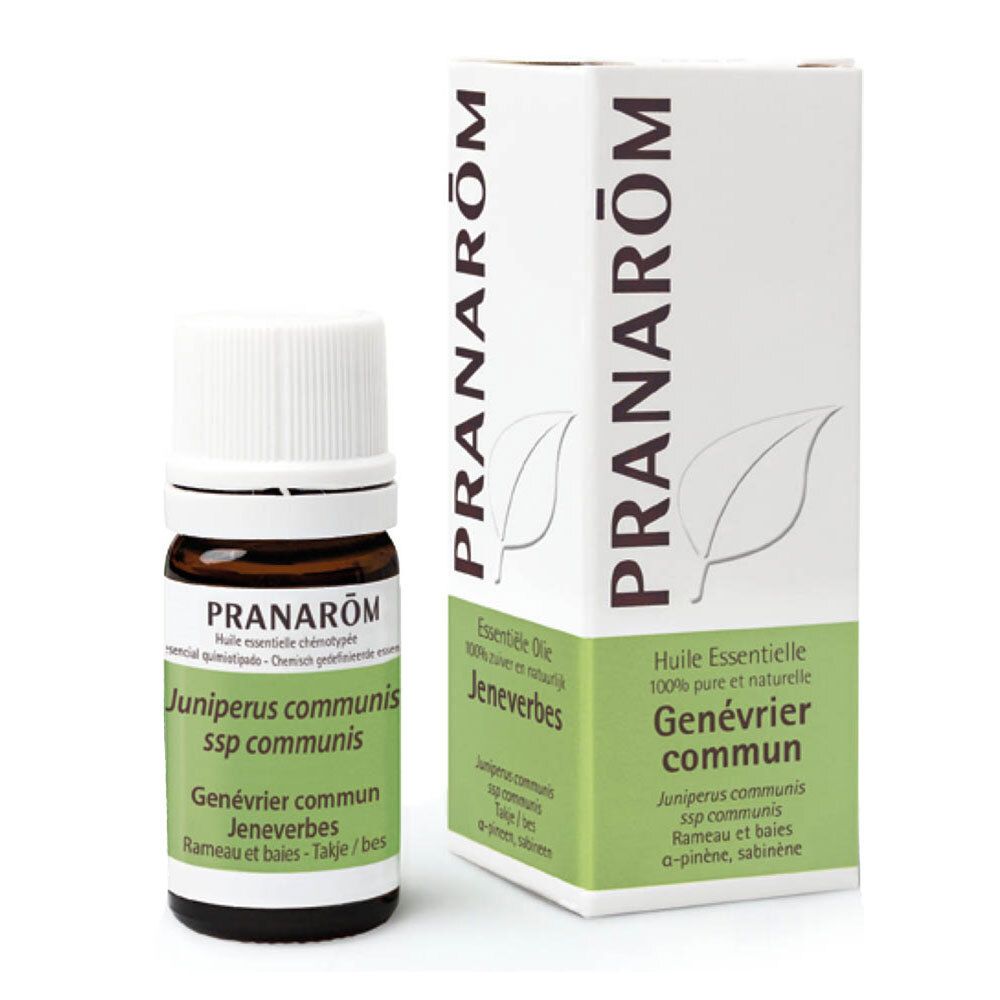 Produktverpackung und Flasche. Auf der Verpackung steht PRANAROM und Genévrier commun. Flasche mit weißem Deckel.