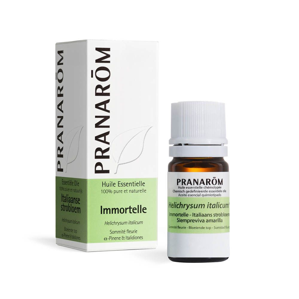 Braune Glasflasche mit weißem Deckel und grüner Verpackung. Aufschrift: PRANAROM, Helichrysum italicum ssp serotinum.