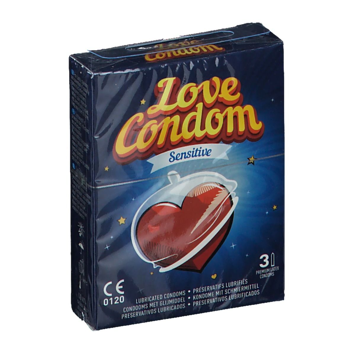 Verpackung von Love Condom Sensitive. Blaue Schachtel mit rotem Herz-Design. Enthält 30 Kondome. CE-Kennzeichnung.