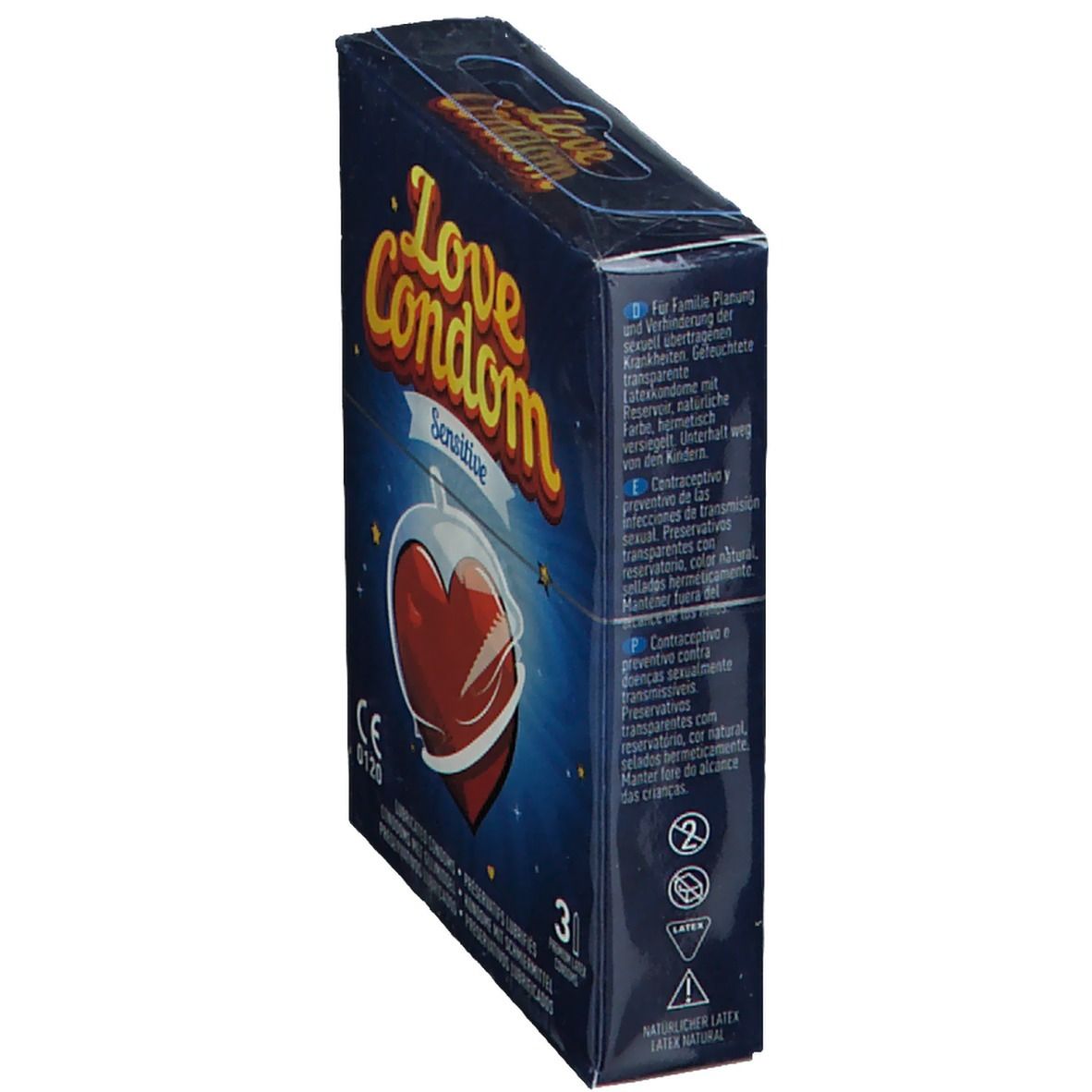 Love Condom Sensitive-Verpackung, schräg. Blaue Schachtel mit rotem Herz-Design. Text und CE-Kennzeichnung sichtbar.