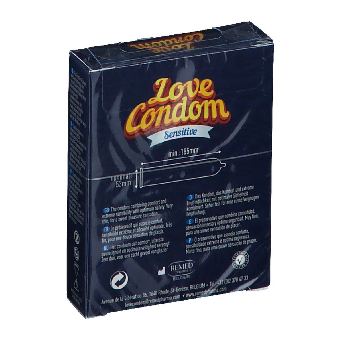 Rückseite der Love Condom Sensitive-Verpackung. Blaue Schachtel mit Produktinformationen und Kondom-Illustration.