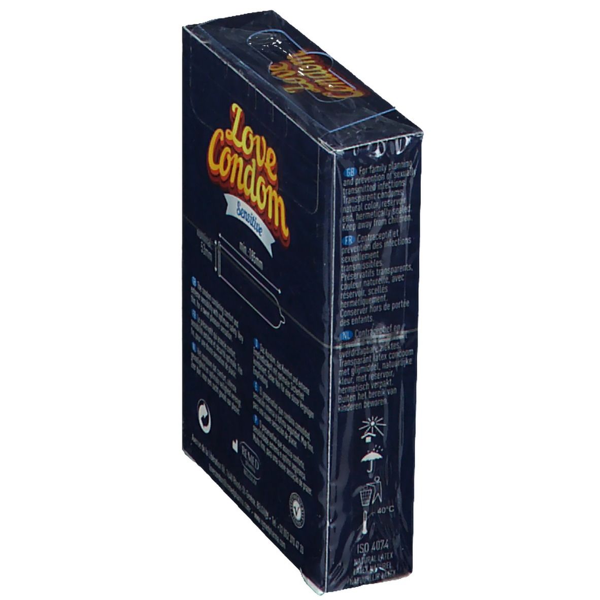 Love Condom Sensitive-Verpackung, schräg. Blaue Schachtel mit Produktinformationen und Kondom-Illustration.