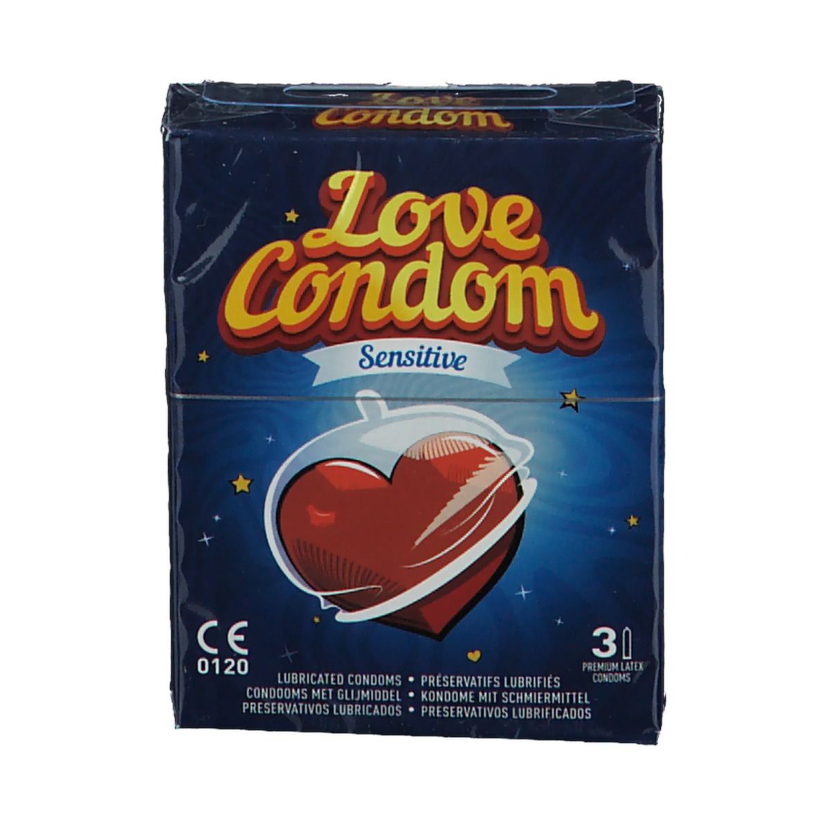 Vorderseite der Love Condom Sensitive-Verpackung. Blaue Schachtel mit rotem Herz-Design. Enthält 30 Kondome. CE-Kennzeichnung.