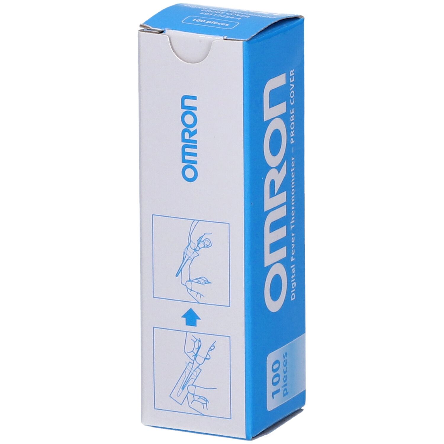 OMRON-Verpackung mit 100 Messhüllen für Digitalthermometer. Blaue und weiße Schachtel mit Gebrauchsanweisung.