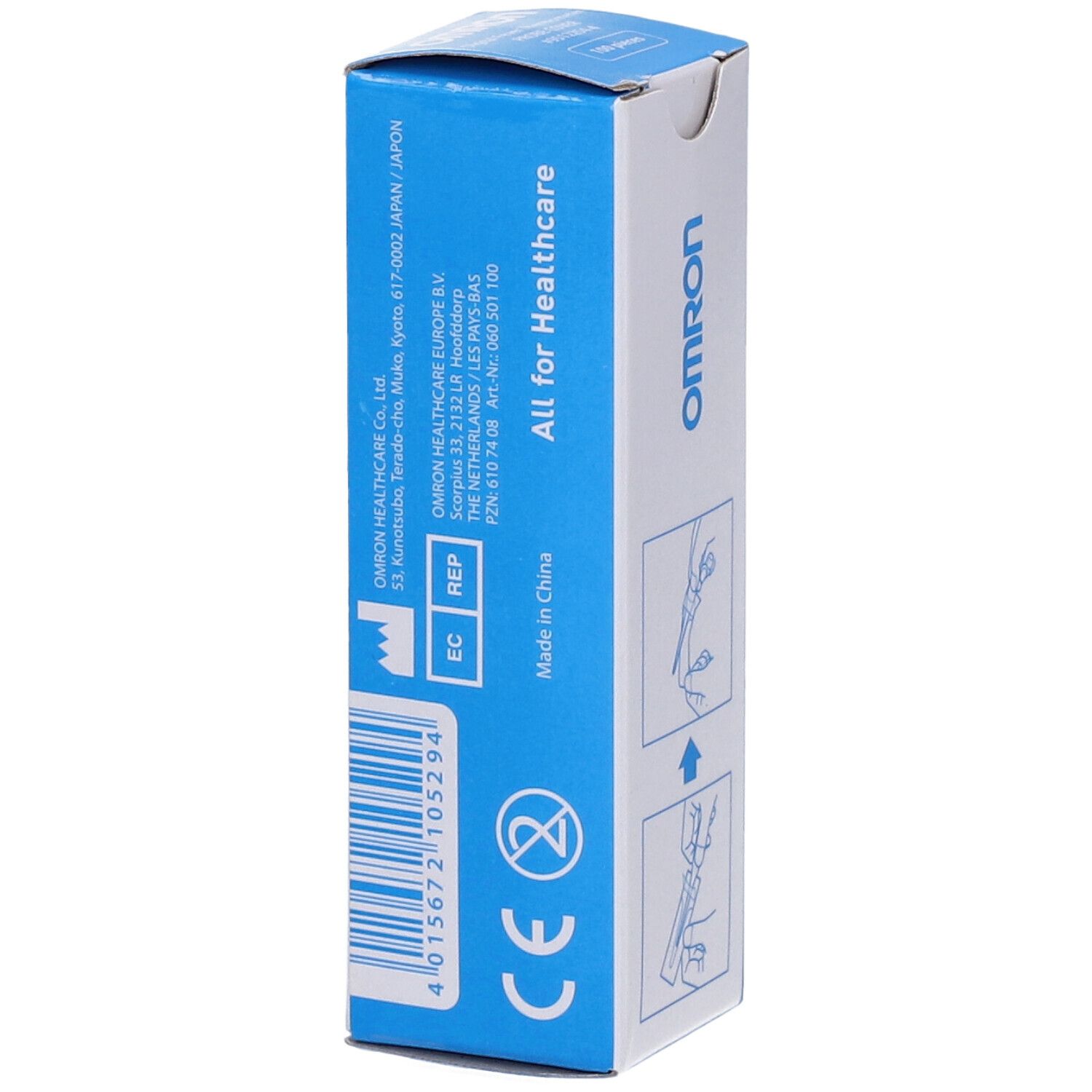 Rückseite der OMRON-Verpackung mit 100 Messhüllen. Blaue Schachtel mit Herstellerinformationen, CE-Kennzeichnung und Barcode.