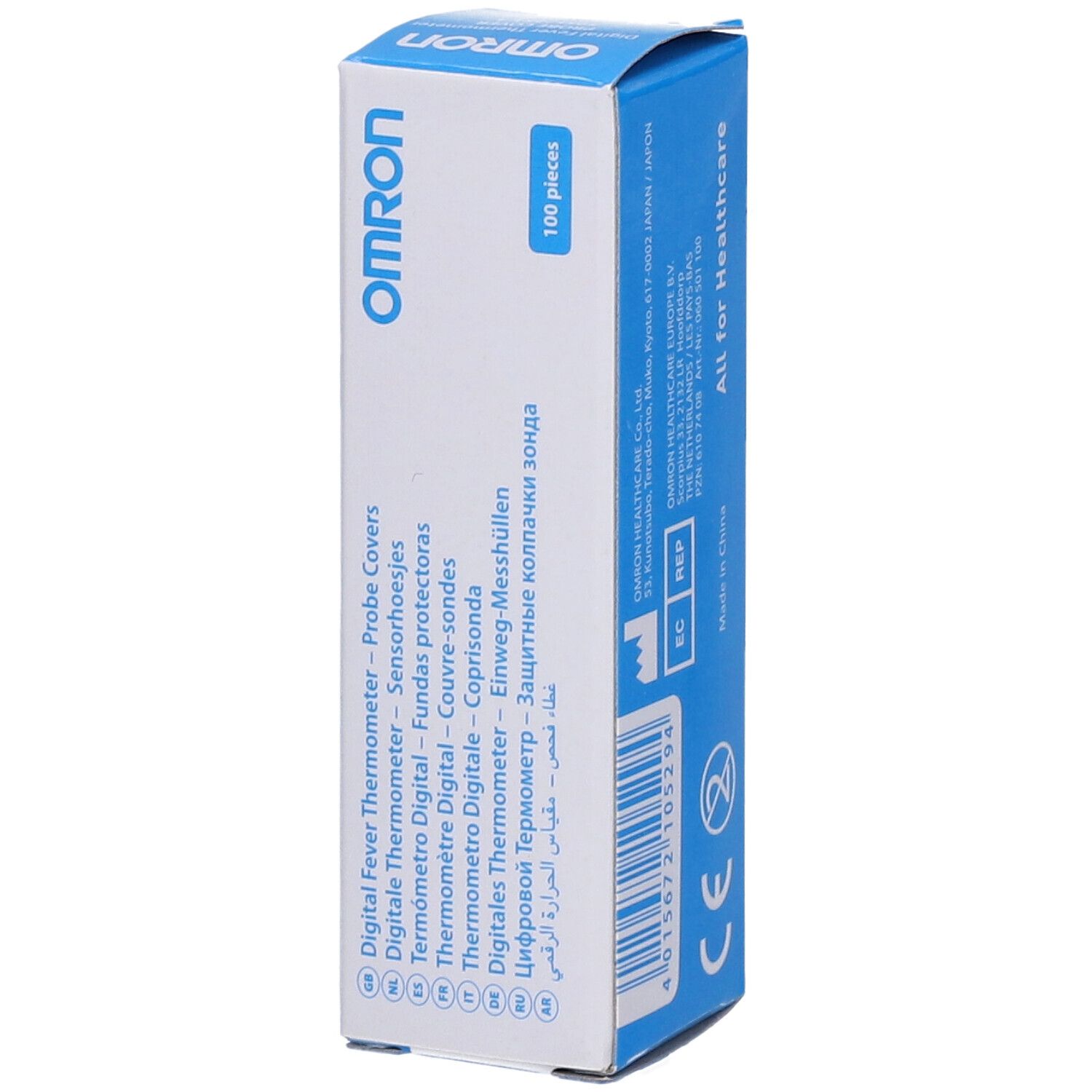 OMRON-Verpackung mit 100 Messhüllen für Digitalthermometer. Blaue und weiße Schachtel mit Produktinformationen und CE-Kennzeichnung.