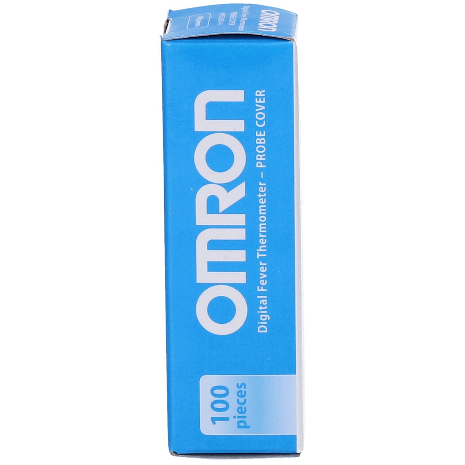 OMRON-Verpackung mit 100 Messhüllen für Digitalthermometer. Blaue und weiße Schachtel mit Produktinformationen.