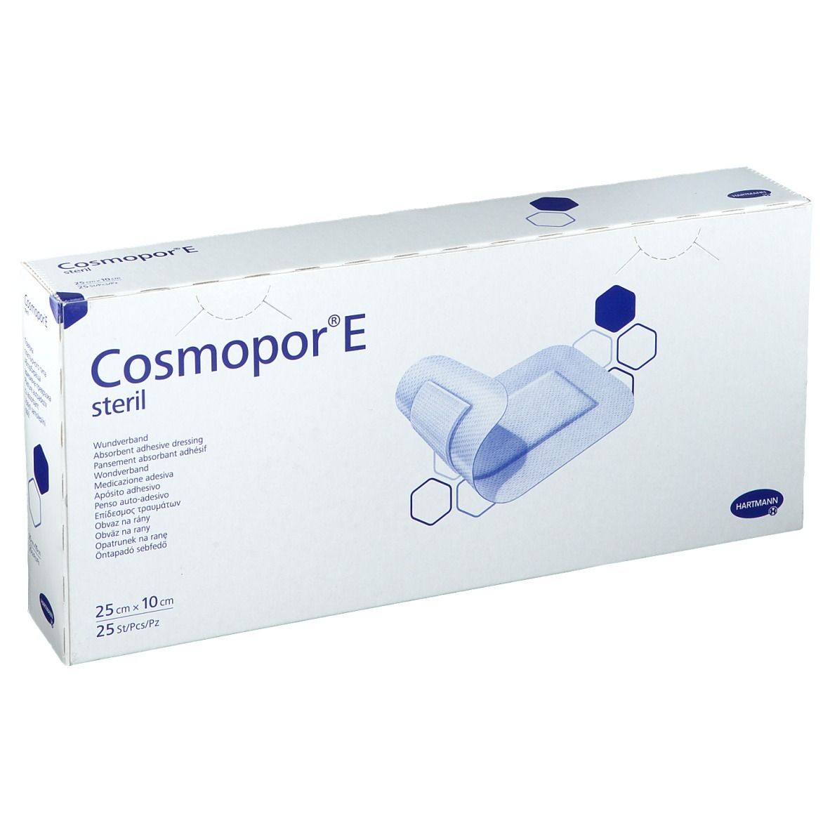 Verpackung von Cosmopor® E steril. Box mit Produktabbildung und Schriftzug. Größe: 25 x 10 cm, 25 Stück.