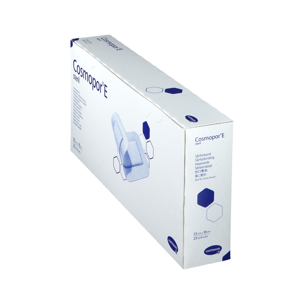 Schräg gestellte Verpackung von Cosmopor® E steril. Box mit Produktabbildung und Schriftzug. Größe: 25 x 10 cm.