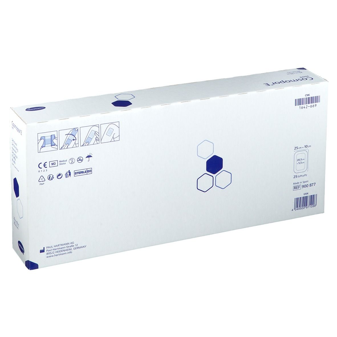 Rückseite der Verpackung von Cosmopor® E steril. Text, Symbole und Größenangabe: 25 x 10 cm, 25 Stück.