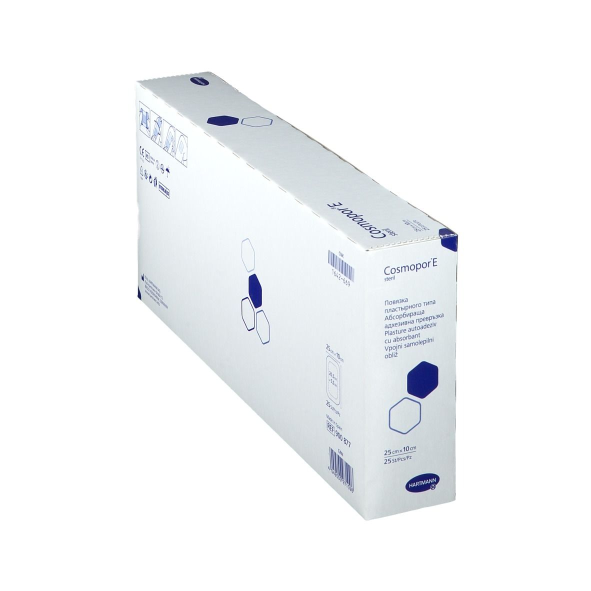 Schräg gestellte Verpackung von Cosmopor® E steril. Text und Größenangabe: 25 x 10 cm, 25 Stück.