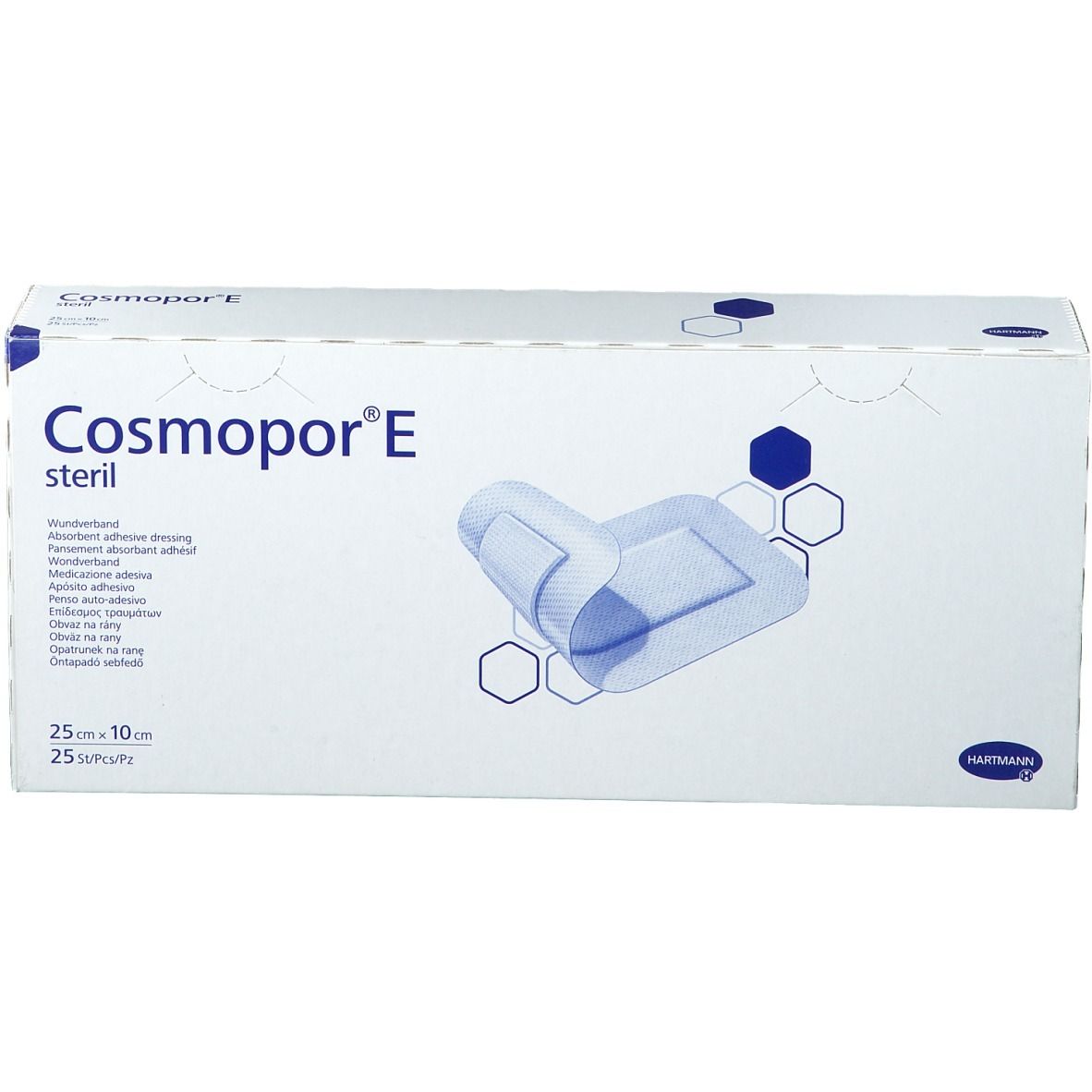 Verpackung von Cosmopor® E steril. Box mit Produktabbildung und Schriftzug. Größe: 25 x 10 cm, 25 Stück.