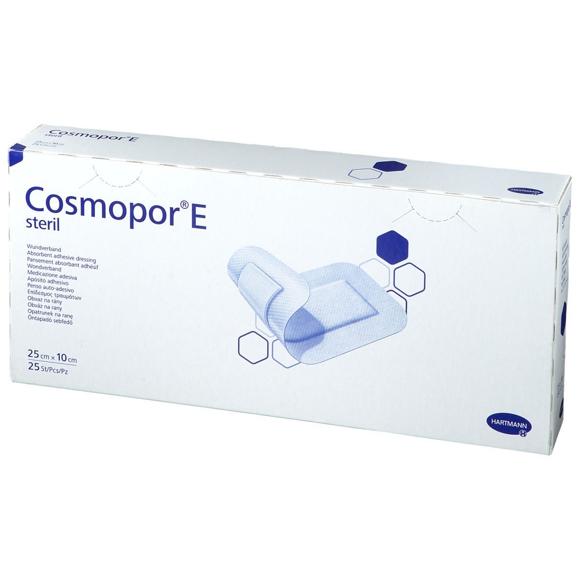 Verpackung von Cosmopor® E steril. Box mit Produktabbildung und Schriftzug. Größe: 25 x 10 cm, 25 Stück.