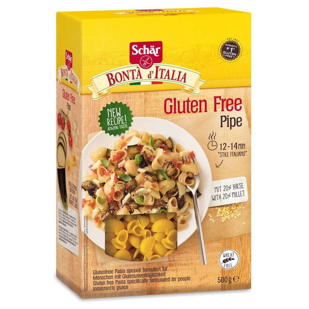 Schär Gluten Free Pipe Pasta-Verpackung. Aufdruck: Glutenfrei, Bonta d'Italia, 500g. Abbildung von Pasta mit Gemüse.