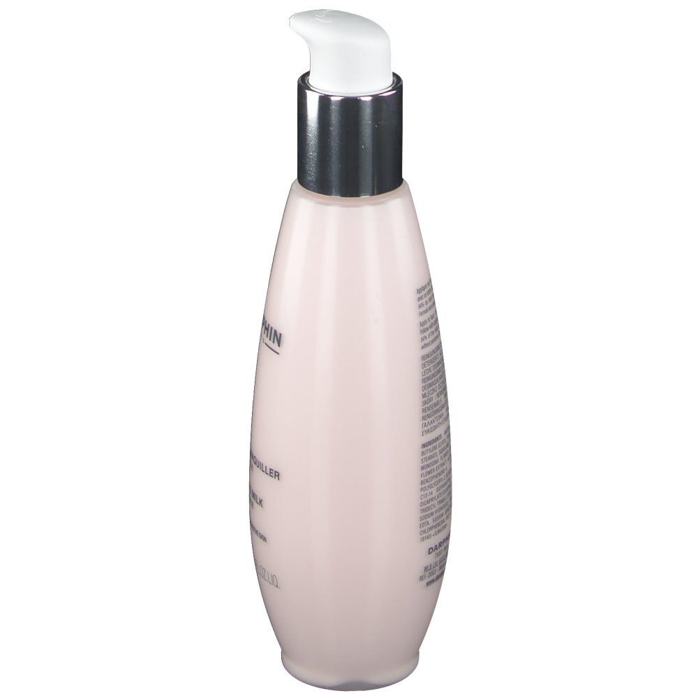 Rosa Flasche mit weißem Pumpkopf. Aufschrift: DARPHIN, Produktinformationen. Seitenansicht.