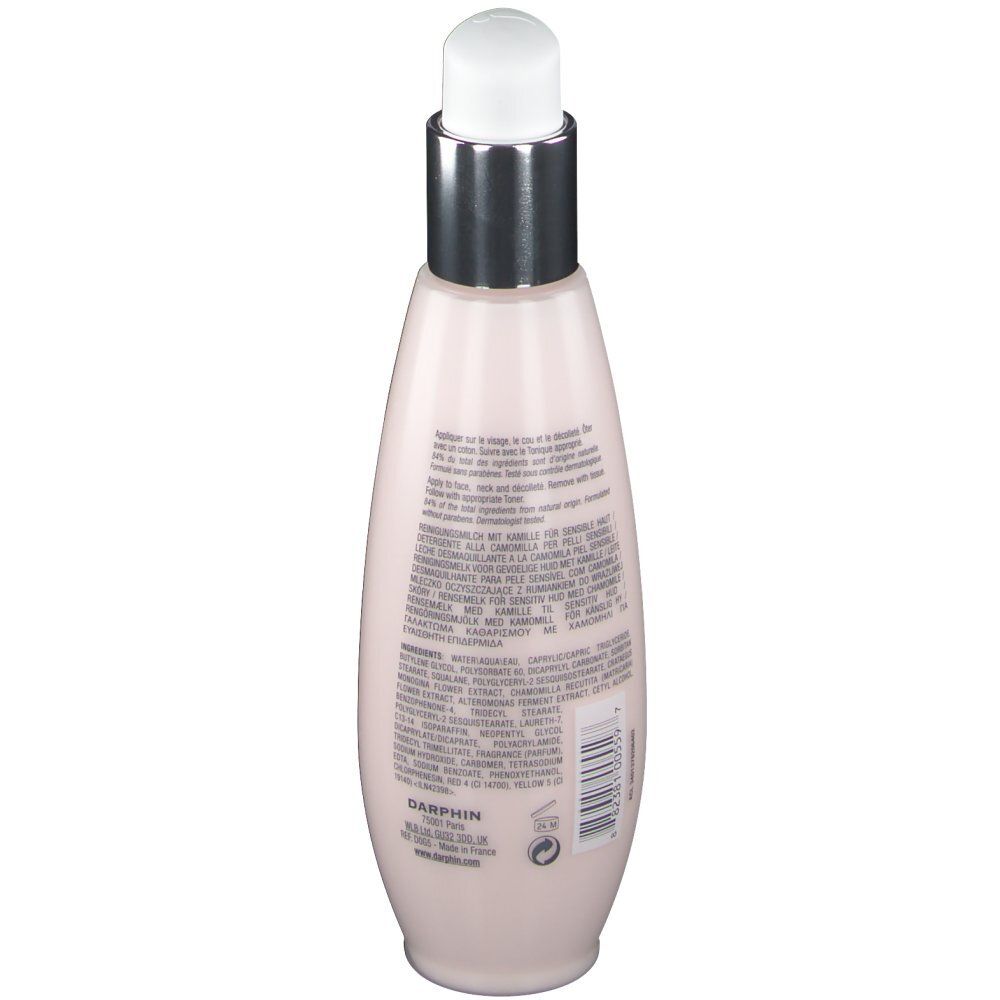 Rosa Flasche mit weißem Pumpkopf. Aufschrift: DARPHIN, Produktinformationen. Rückansicht.