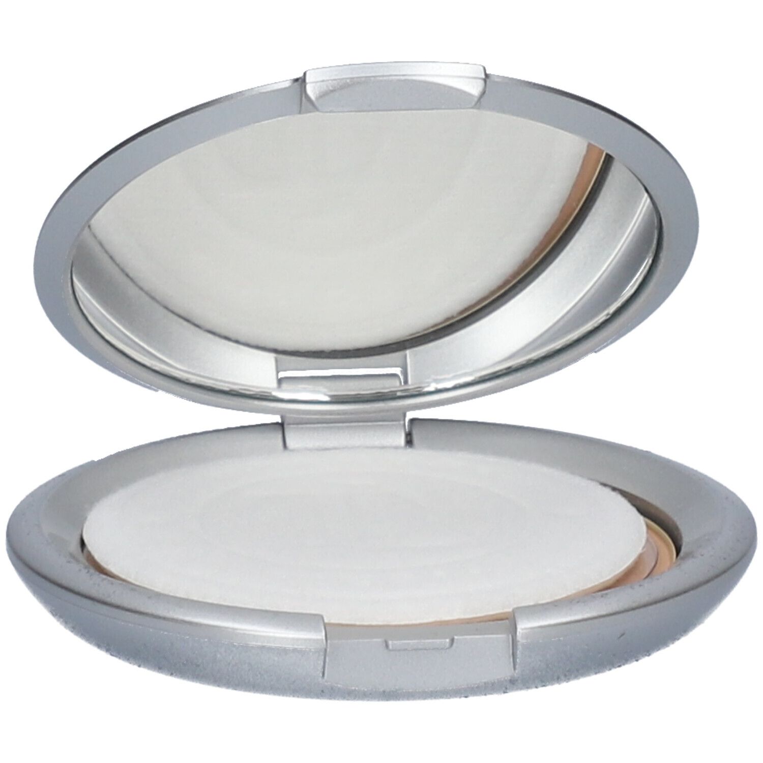 Silberfarbene Kompaktpuder-Dose mit Spiegel und Puder. Offen, Puder und Spiegel sichtbar.