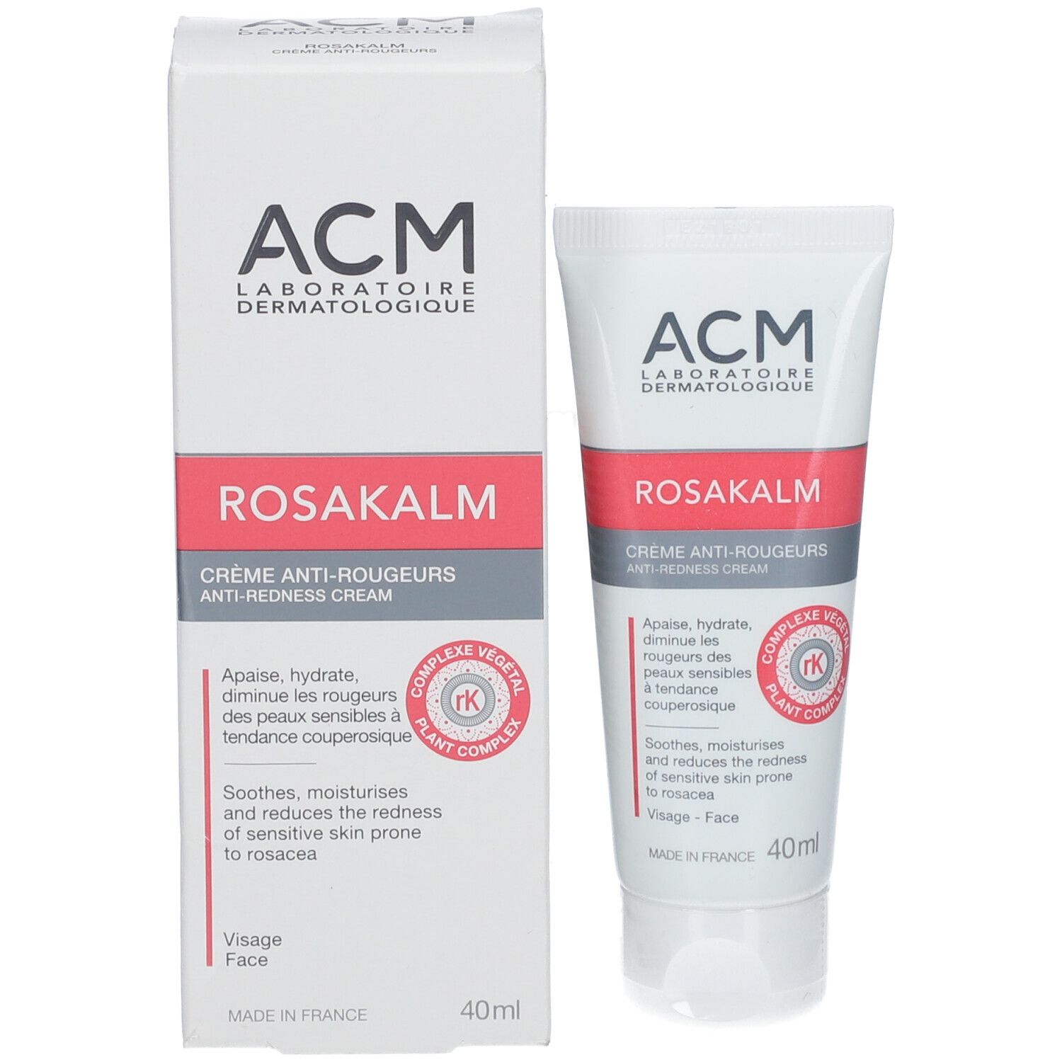 Produktverpackung: Schachtel und Tube. Aufschrift: ROSAKALM, Creme gegen Rötungen. 40ml. Marke ACM.